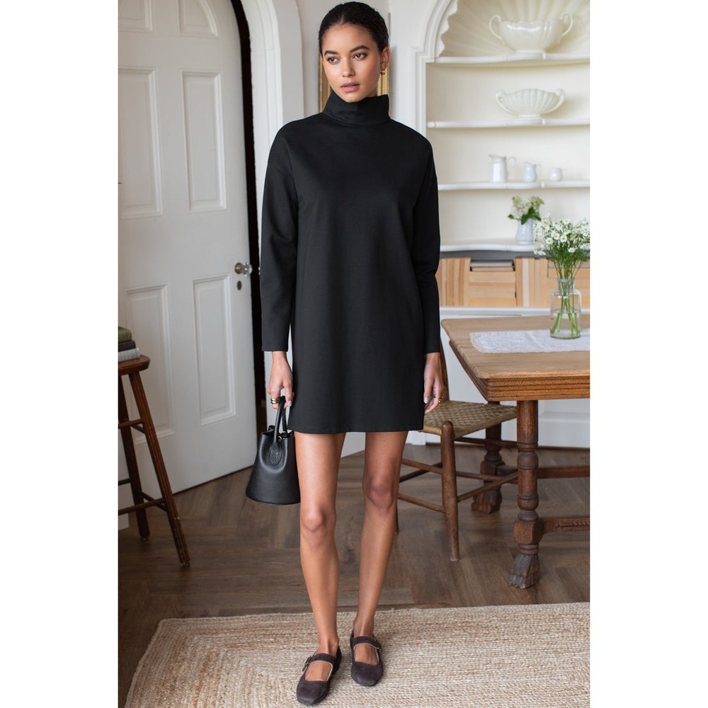 Emerson Fry Black Ponte Mock Neck Shift Dress Size XS Women 3/4 Sleeve USA Made